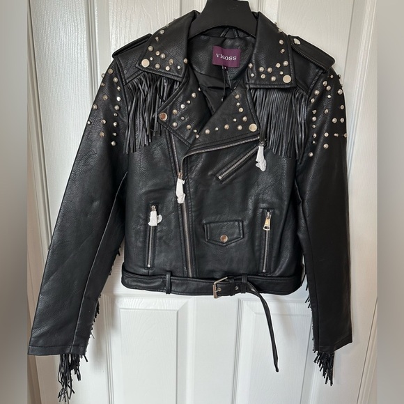 Vigoss Black Leather Jacket with Studs and Fringe - Picture 5 of 16